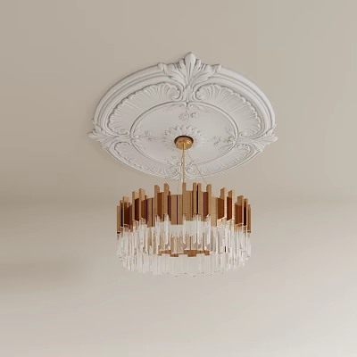 Elegant Chandelier with Gold Frame and Crystal Pendants on Decorative Circular Ceiling Medallion 3d model