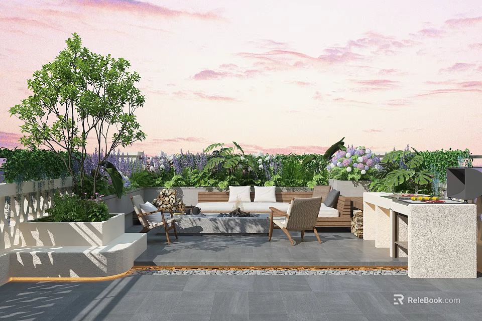 Rooftop Garden With Outdoor Seating Green Plants And Stone Flooring For Relaxation 3d model 