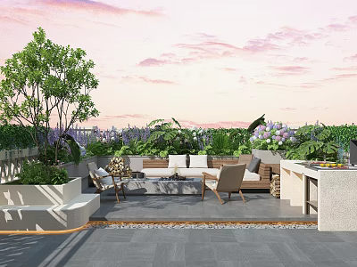 Rooftop Garden With Outdoor Seating Green Plants And Stone Flooring For Relaxation 3d model