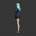 Anime Game Character With Green Hair Elf Ears Blue Jacket Black Pleated Skirt Fishnet Stockings