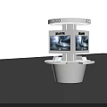 White Display Stand Featuring Top Logo Side Screens Brand Signage And Bottom Devices