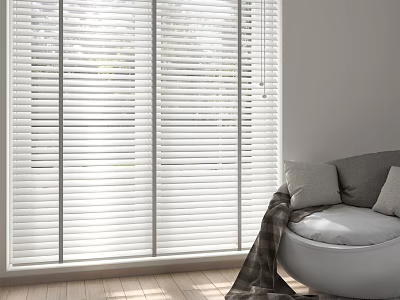 White Window Blinds in Bright Living Room Filtering Natural Light with Cozy Sofa 3d model