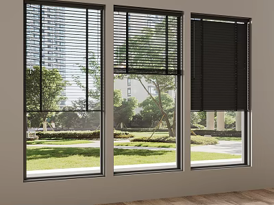 Modern Windows With Vertical Blinds And Black Shade Overlooking Green Lawn And Trees 3d model