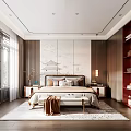 Traditional Chinese Bedroom Interior With Decorative Painting Wooden Nightstands And Large Windows