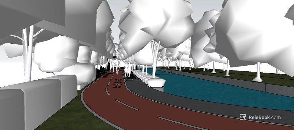 Red Pathway Road Facilities with Trees Water Area Benches and Pedestrians Walking 3d model 