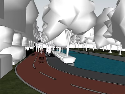 Red Pathway Road Facilities with Trees Water Area Benches and Pedestrians Walking 3d model