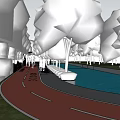 Red Pathway Road Facilities with Trees Water Area Benches and Pedestrians Walking