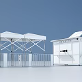 Outdoor Service Facility With Blue Canopies Solar Panels Kiosk And Information Boards