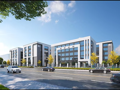 Modern Multi Storey Industrial Factory Building Exterior With Roadside Trees And Parked Cars 3d model