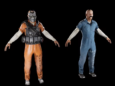 Game and Movie Characters in Orange Protective Suit With Gas Mask and Blue Jumpsuit 3d model