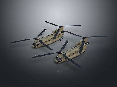 Two Beige Military Helicopters With Black Rotors On Grey Background Scene 3d model