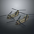 Two Beige Military Helicopters With Black Rotors On Grey Background Scene
