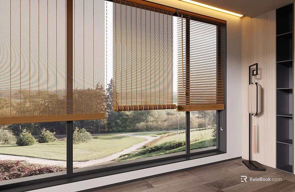 Interior Space With Large Windows Wooden Blinds Wooden Floor And Green Outdoor View 3d model 