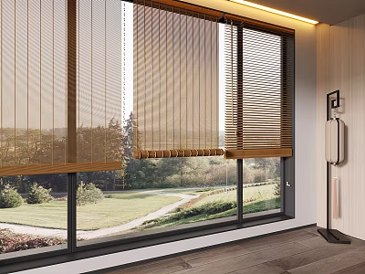 Interior Space With Large Windows Wooden Blinds Wooden Floor And Green Outdoor View 3d model