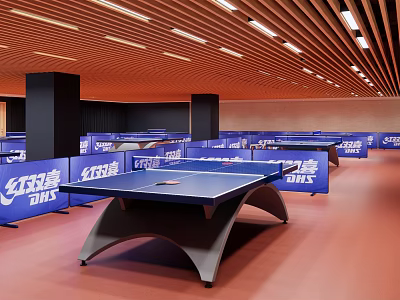 Indoor Table Tennis Court With Blue Advertising Boards And Wooden Ceiling 3d model
