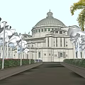 Grand Hotel Building Featuring Large Dome And Palm Trees With Neat Shrubs Along Main Pathway