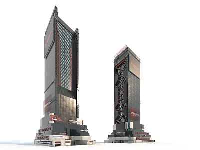 Cartoon Scene Featuring Two Modern Dark Skyscrapers With Red Accents And Base Structures 3d model
