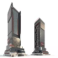Cartoon Scene Featuring Two Modern Dark Skyscrapers With Red Accents And Base Structures 3d model