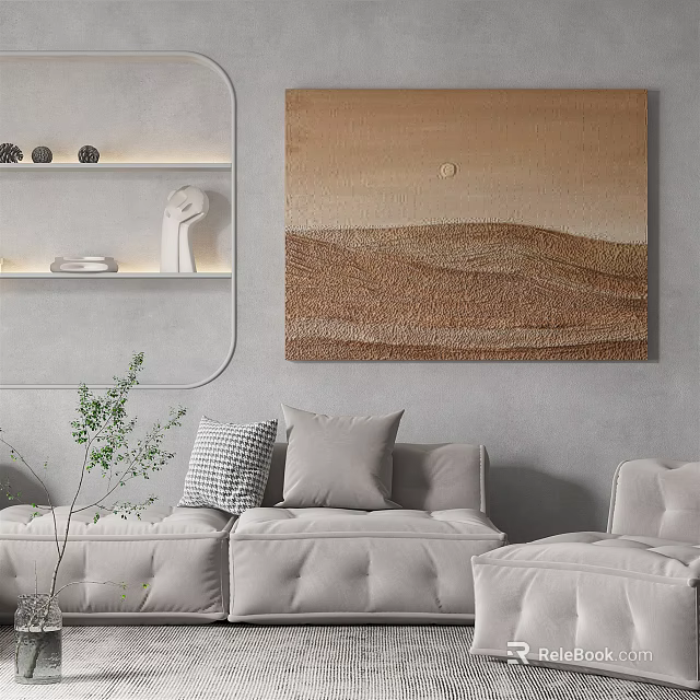 Abstract Painting Of Desert Landscape With Brown Beige Tones On Wall In Modern Living Room 3d model 