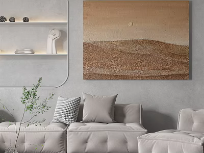Abstract Painting Of Desert Landscape With Brown Beige Tones On Wall In Modern Living Room 3d model