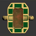 Gold Ring With Central Red Gemstone And Surrounding Green Stones In Geometric Design