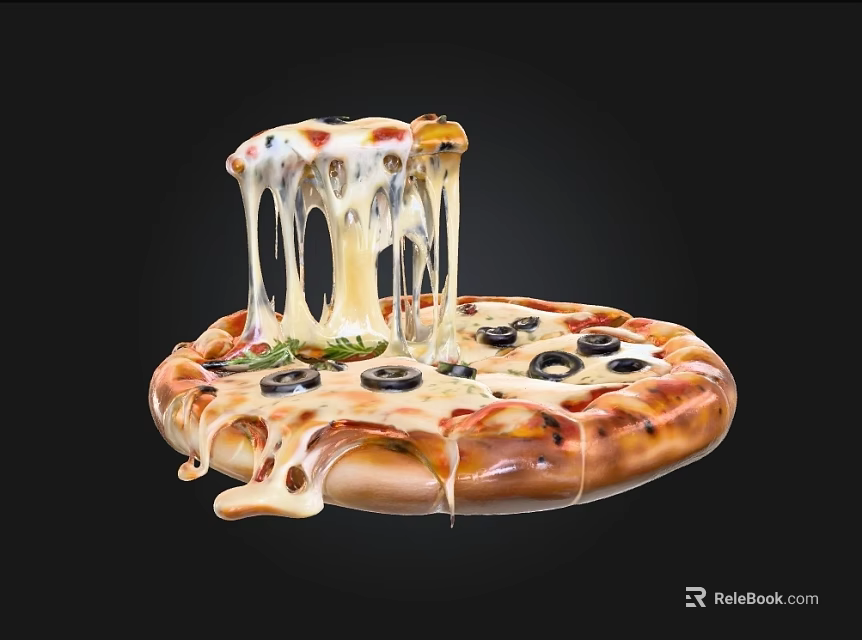 Delicious Pizza With Melting Cheese Black Olives And Fresh Herbs On Black Background 3d model 