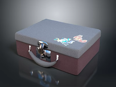 Gray Lid And Red Base Box With Silver Lock Handle And Colorful Stickers 3d model