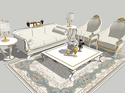 Elegant Classic Sofa and Coffee Table Set With Gold Accents Accent Chairs and Patterned Rug 3d model