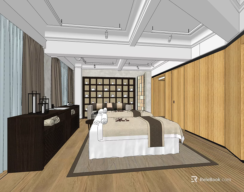 SPA Sauna Interior Design With Massage Bed Wooden Cabinets Decorative Shelf And Curtains 3d model 