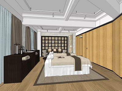 SPA Sauna Interior Design With Massage Bed Wooden Cabinets Decorative Shelf And Curtains 3d model