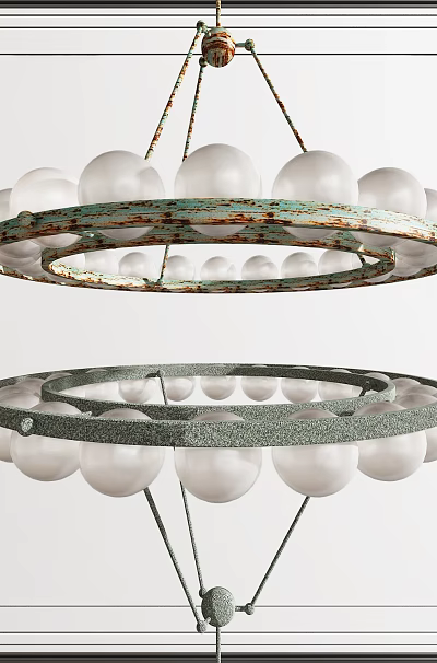 Modern Double Ring Chandelier With Green Accents And White Globes Design 3d model