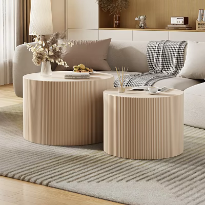 Ribbed Beige Round Coffee Tables With Vase Flowers Fruit Tray And Books 3d model
