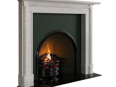 Traditional Fireplace With White Marble Mantel And Burning Fire In Dark Green Wall 3d model