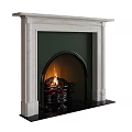 Traditional Fireplace With White Marble Mantel And Burning Fire In Dark Green Wall