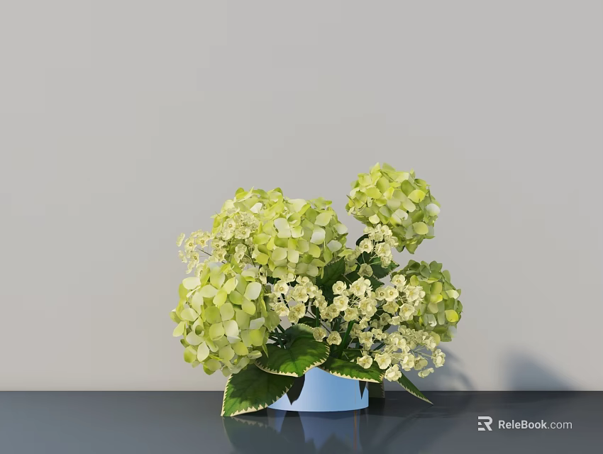 Blue Vase with Green Hydrangeas on Dark Tabletop and Light Gray Background Wall 3d model