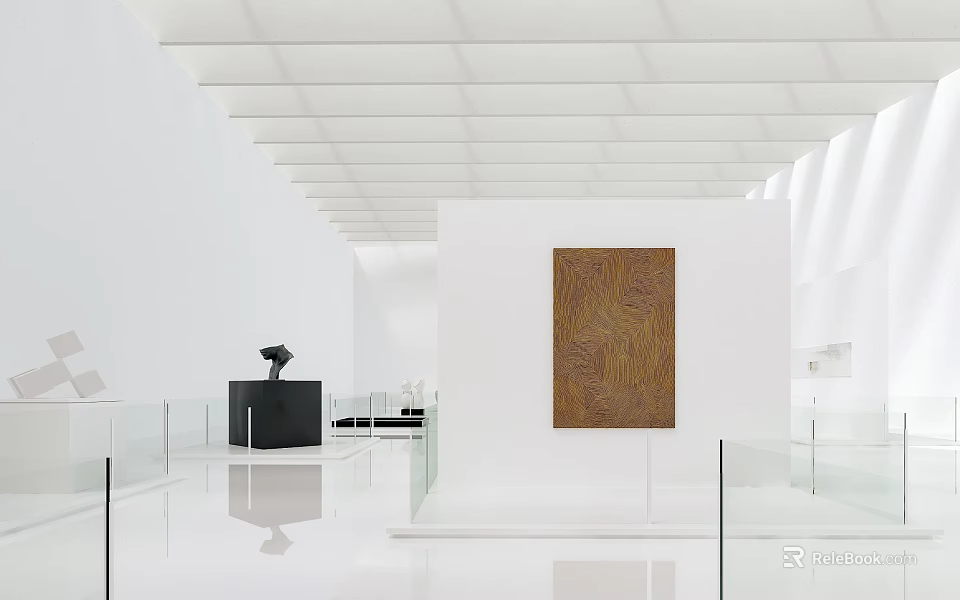 Modern Exhibition Hall Interior Featuring White Walls Ceiling Artworks Sculpture and Glass Railings 3d model 