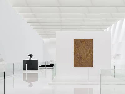 Modern Exhibition Hall Interior Featuring White Walls Ceiling Artworks Sculpture and Glass Railings 3d model