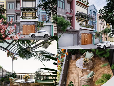 Modern Detached Villa Exterior With Garden Greenery Outdoor Seating And Parking Space 3d model
