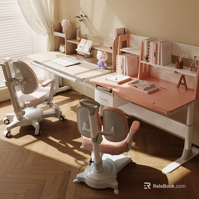 Modern Stylish Desk Interior With Bookshelf Pink And White Chairs On Wooden Floor 3d model 