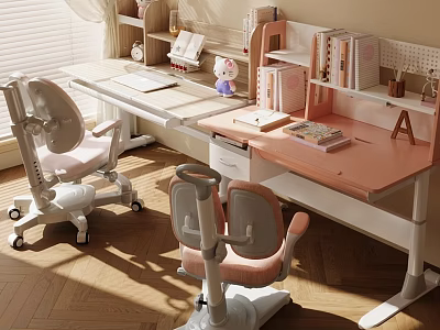 Modern Stylish Desk Interior With Bookshelf Pink And White Chairs On Wooden Floor 3d model