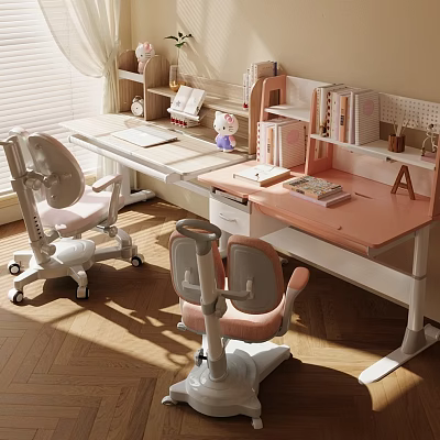 Modern Stylish Desk Interior With Bookshelf Pink And White Chairs On Wooden Floor 3d model