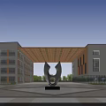 Modern School Building Featuring Symmetrical White Exterior Central Sculpture Large Windows And People Around