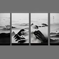 Chinese Ink Wash Landscape Painting Four Panel with Misty Mountains Flying Birds and Small Boat