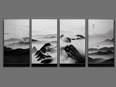 Chinese Ink Wash Landscape Painting Four Panel with Misty Mountains Flying Birds and Small Boat 3d model
