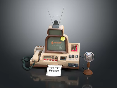 Vintage Electronic Devices Setup With Retro TV Telephone Fan And Label 3d model