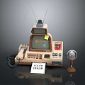 Vintage Electronic Devices Setup With Retro TV Telephone Fan And Label