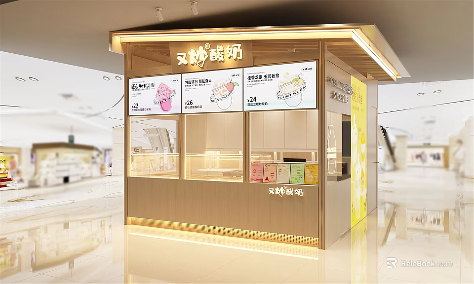 Modern Bubble Tea Shop With Bright Storefront And Yogurt Drinks Display Counter 3d model