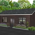 Garden Landscape Around Brown House With Gray Roof Paved Area Purple Flowers And Green Shrubs