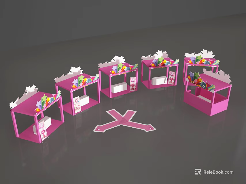 Pink Interactive Zone With Multiple Booths Decorations And Cross Arrows 3d model 