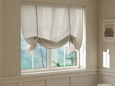 Light Colored Roman Shades On Window In Neutral Room With Scenic View 3d model